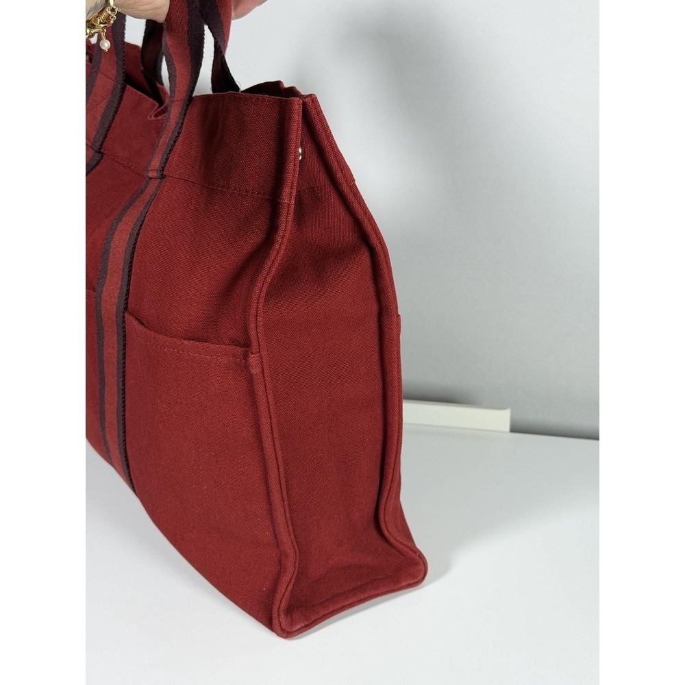 0001. Authentic HERMES Sac Deauville Handbag Tote Bag Canvas Red Silver Hardware - Picture 5 of 12